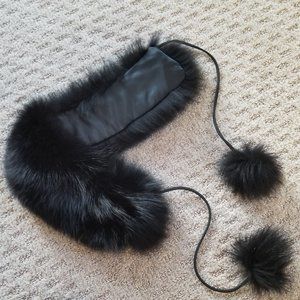 Vintage Lord & Taylor Genuine Black Fox Fur Neck Warmer Scarf with Pom Poms EUC